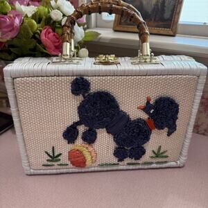 Vintage 50s 60s White Wicker Blue Poodle Bags by Donna Handbag Purse 11’’